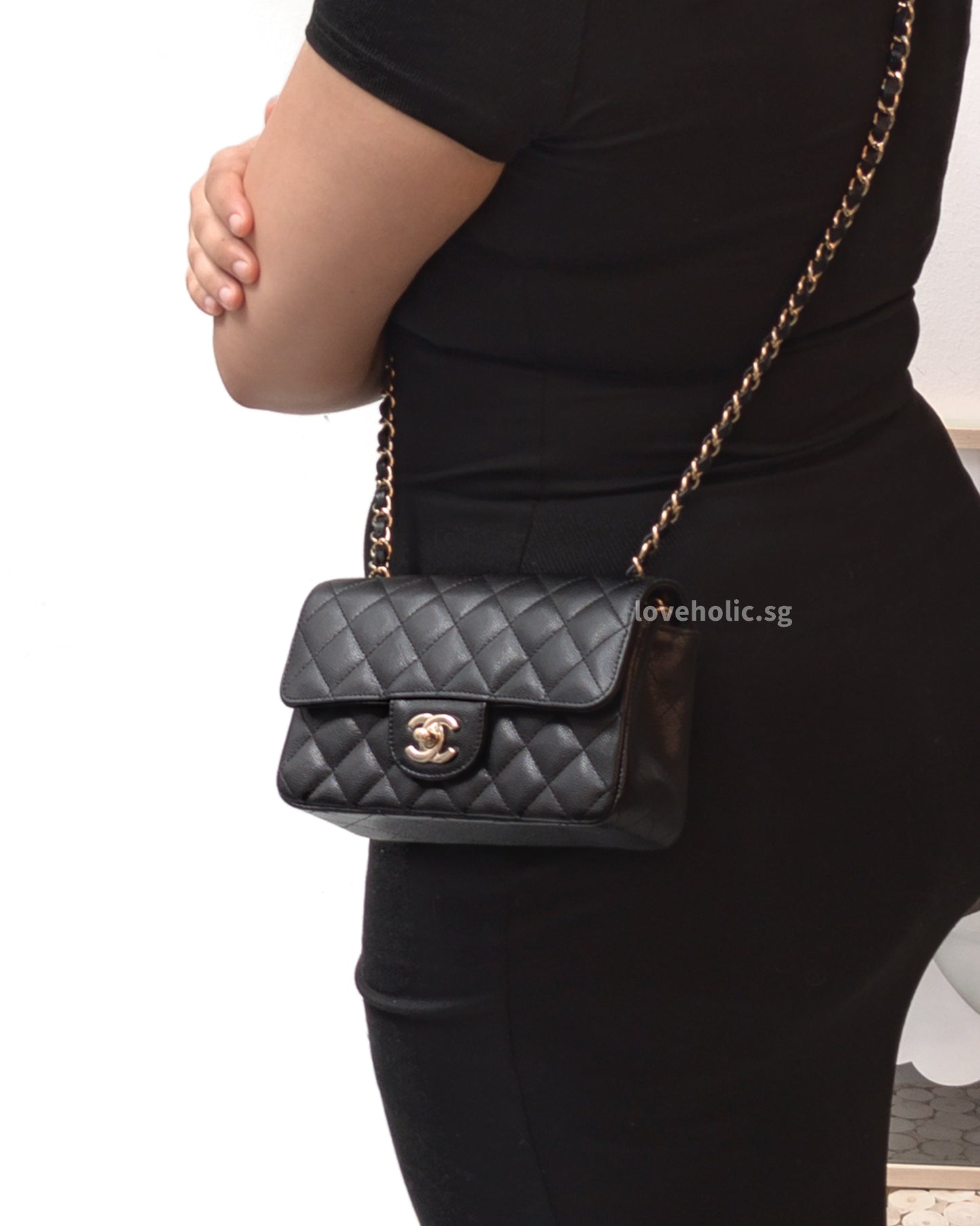 Chanel Mini Rectangle | 17C Black Caviar Light Gold Hardware-modelshots