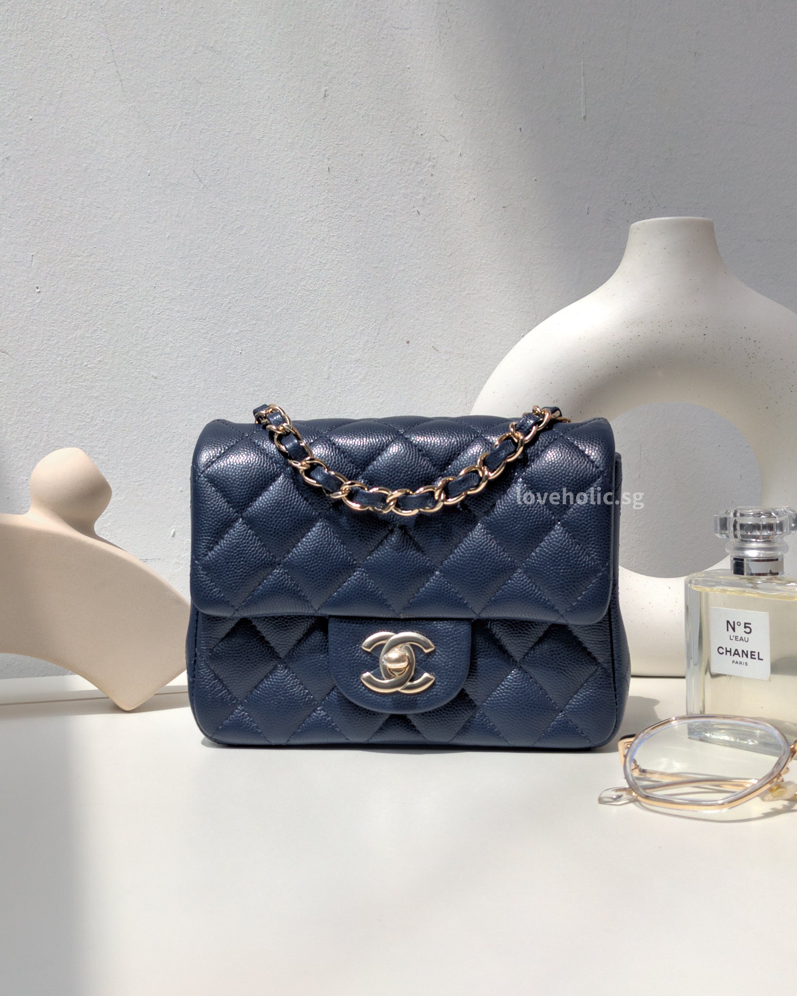 Chanel Classic Flap Mini Square 17B Navy Blue Caviar Light Gold