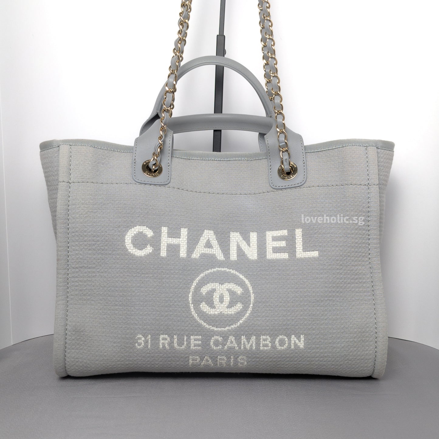 Chanel Deauville Shopping Tote 23B Grey Canvas Silver Hardware-whitebackground