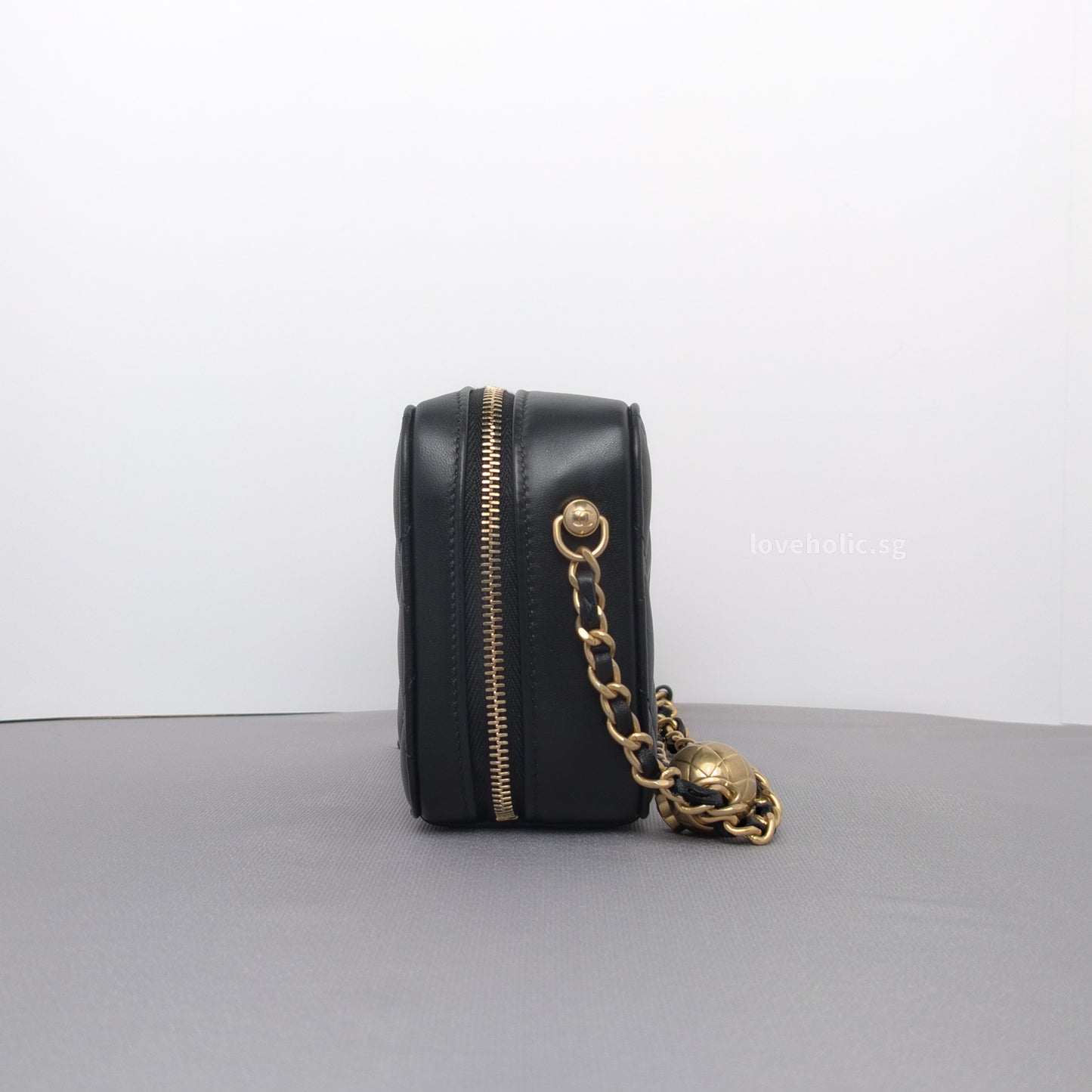 Camera Bag Mini with Pearl Crush | Black Lambskin Brushed Gold Hardware