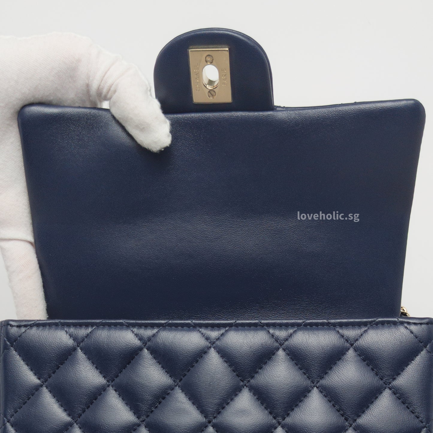 Mini Rectangle with Top Handle 24P Navy Lambskin Light Gold Hardware