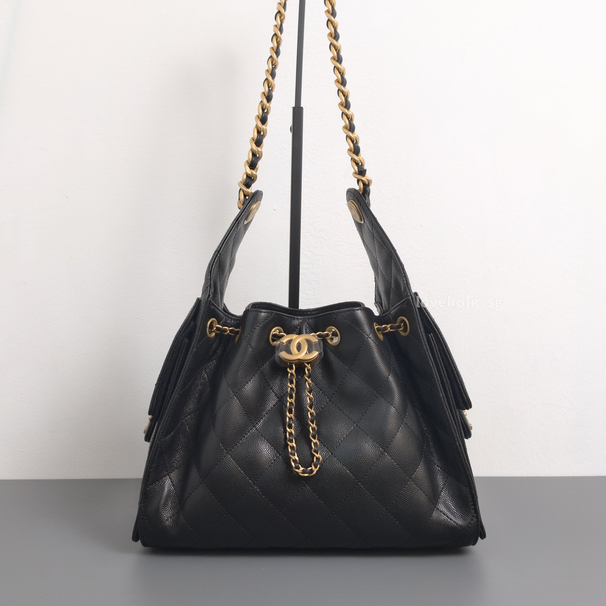 Chanel 25 | Black Grained Calfskin Gold Hardware-whitebackground