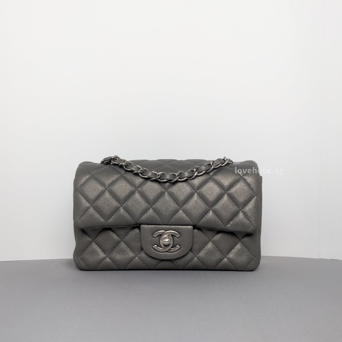Chanel Classic Flap Mini Rectangle | Grey Goatskin Ruthenium Hardware-whitebackground