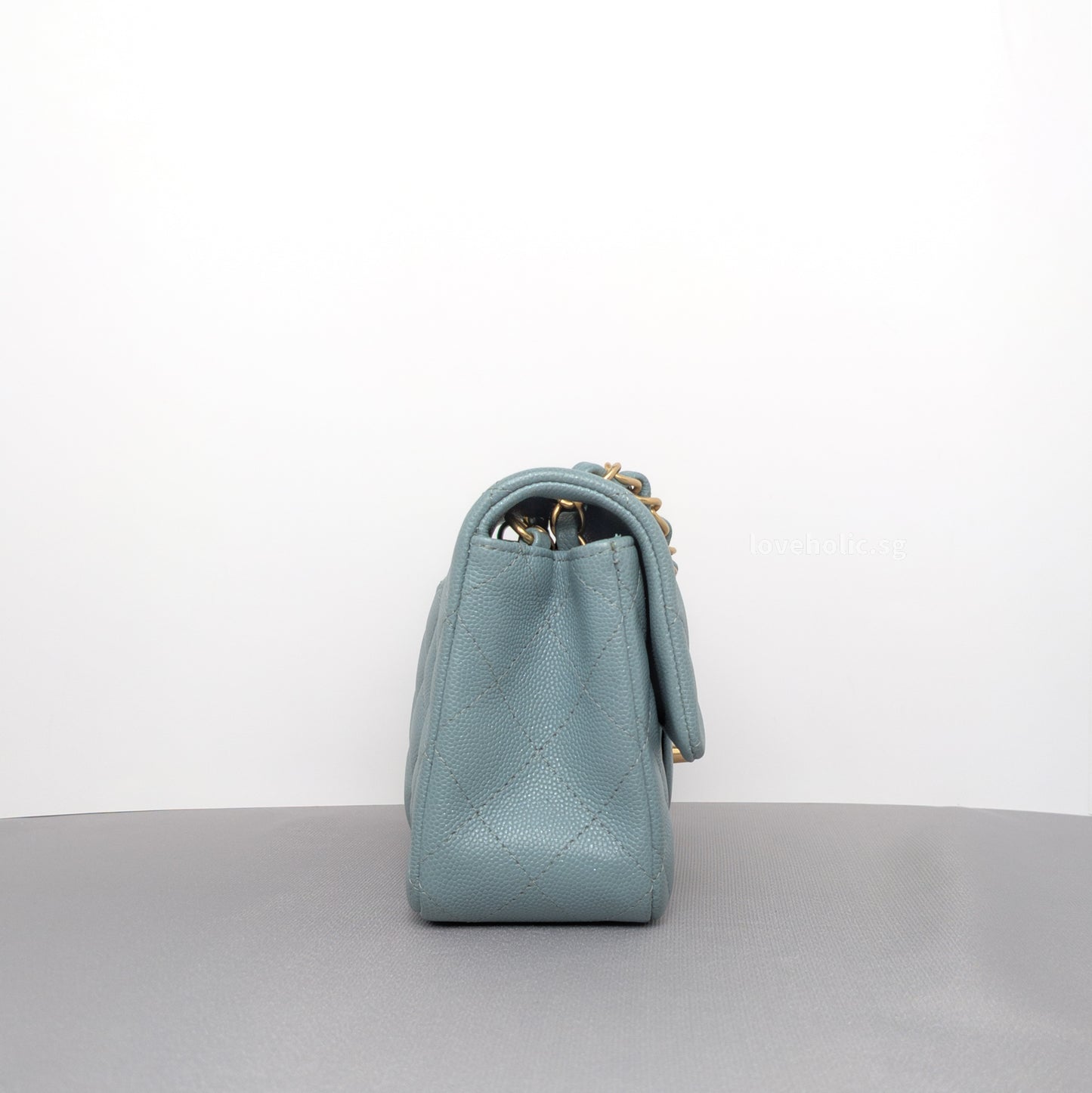 Chanel Classic Flap Mini Rectangle | 18C Iridescent Tiffany Blue Caviar Gold Hardware-details