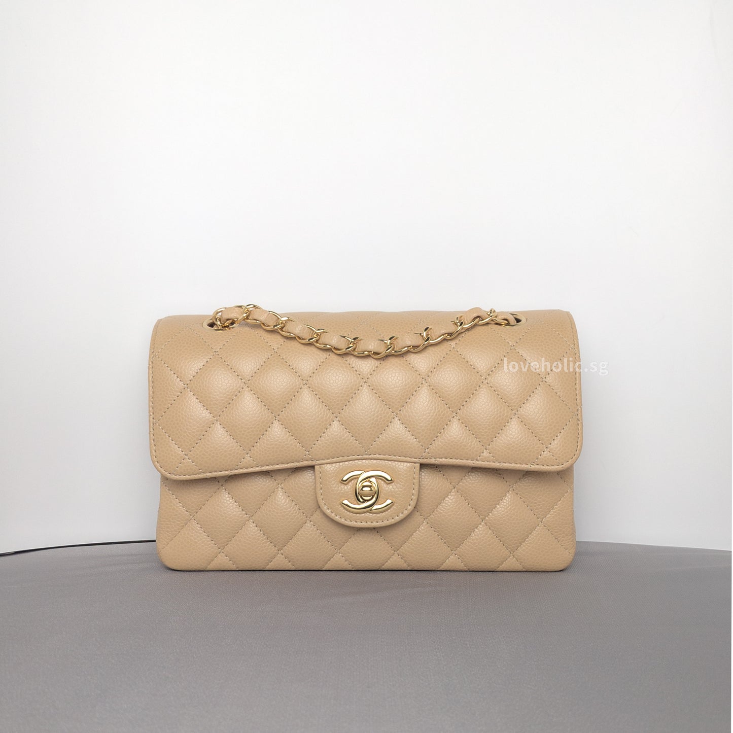 Chanel Classic Flap Small | Beige Claire Caviar Gold Hardware-whitebackground