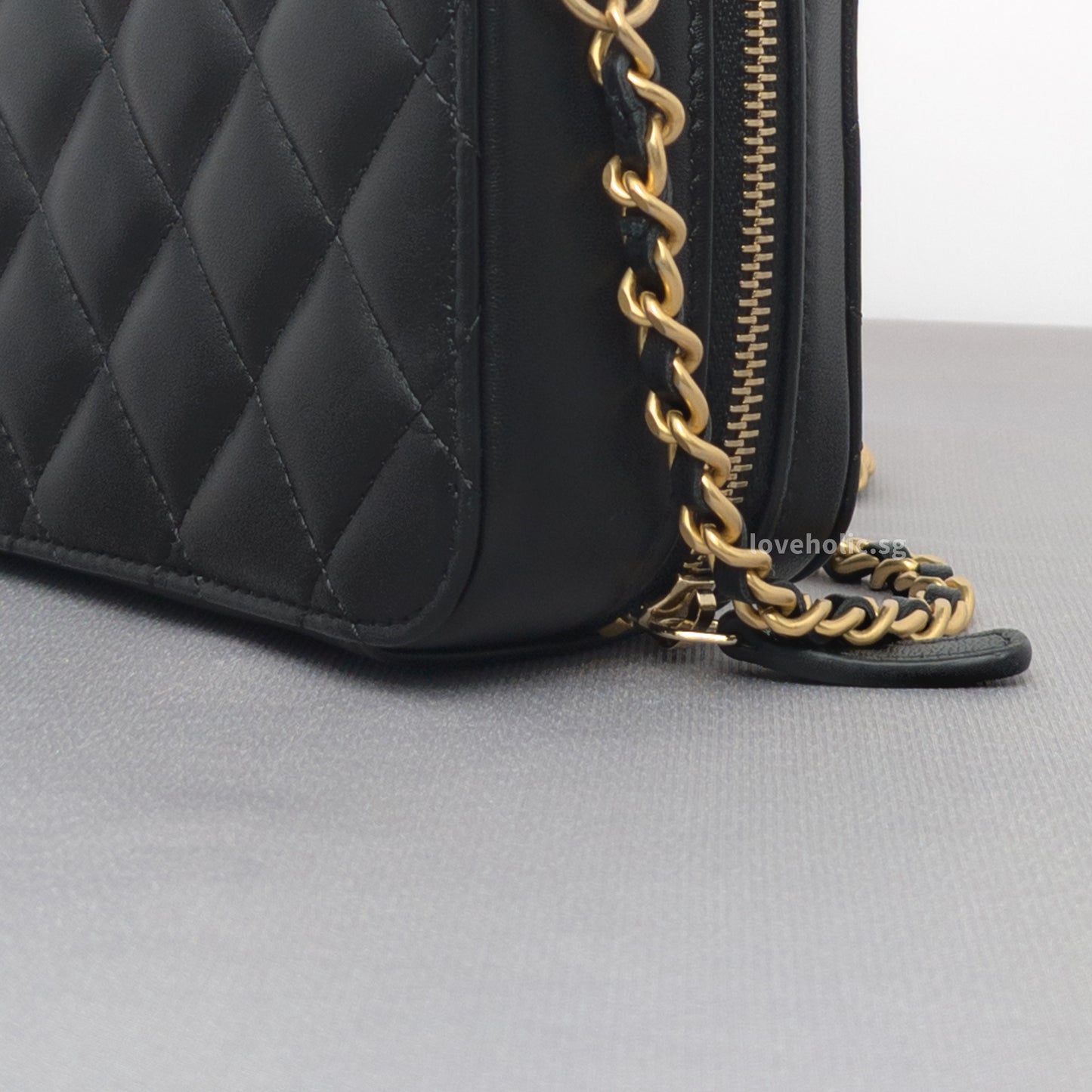 Camera Bag Mini with Pearl Crush | Black Lambskin Brushed Gold Hardware