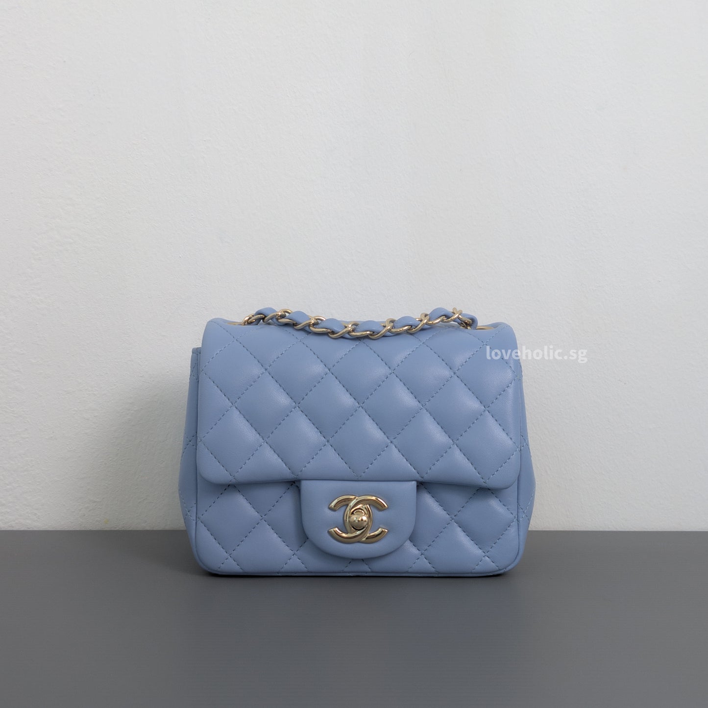 Chanel Classic Flap Mini Square | Sky Blue Lambskin Light Gold Hardware-whitebackground