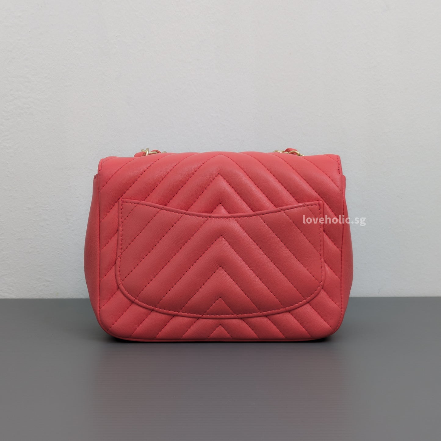 Chanel Classic Flap Chevron Mini Square | Coral Pink Lambskin Gold Hardware-back