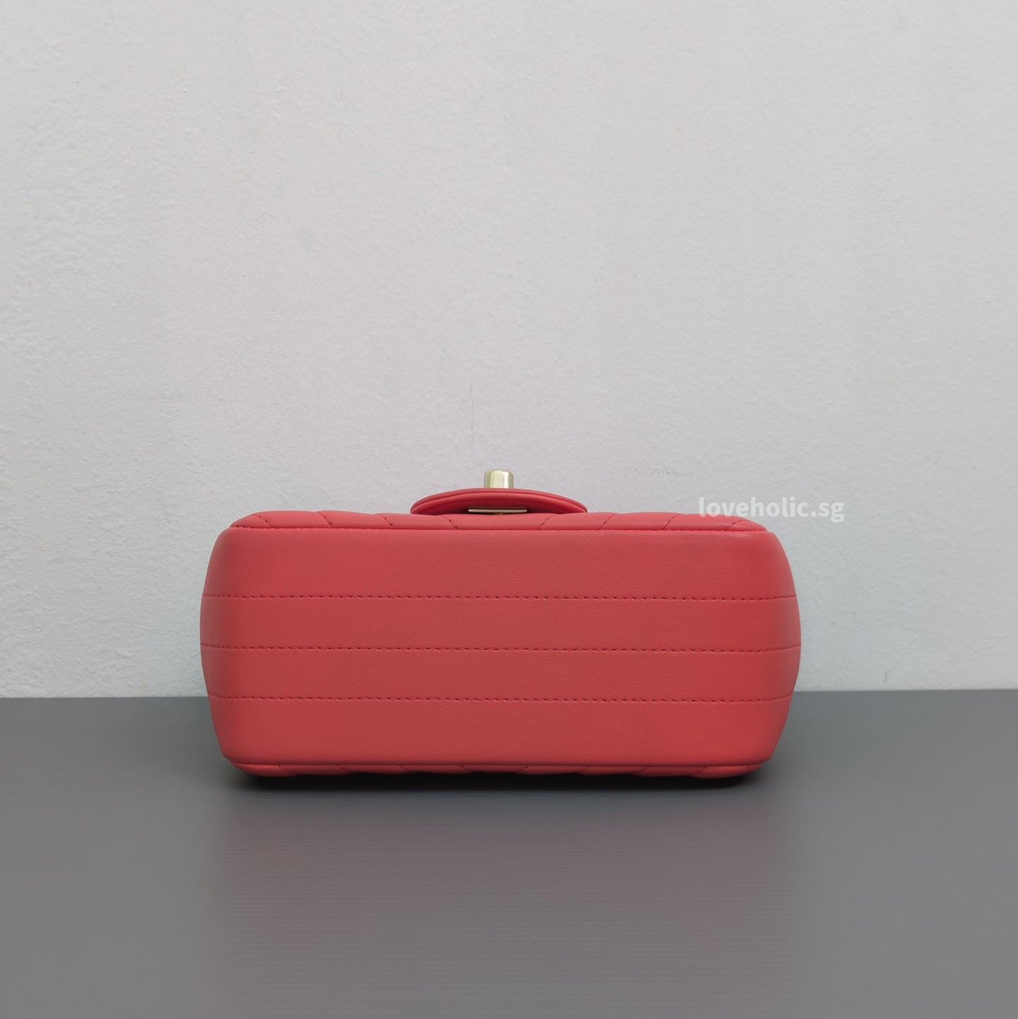 Chanel Classic Flap Chevron Mini Square | Coral Pink Lambskin Gold Hardware-details