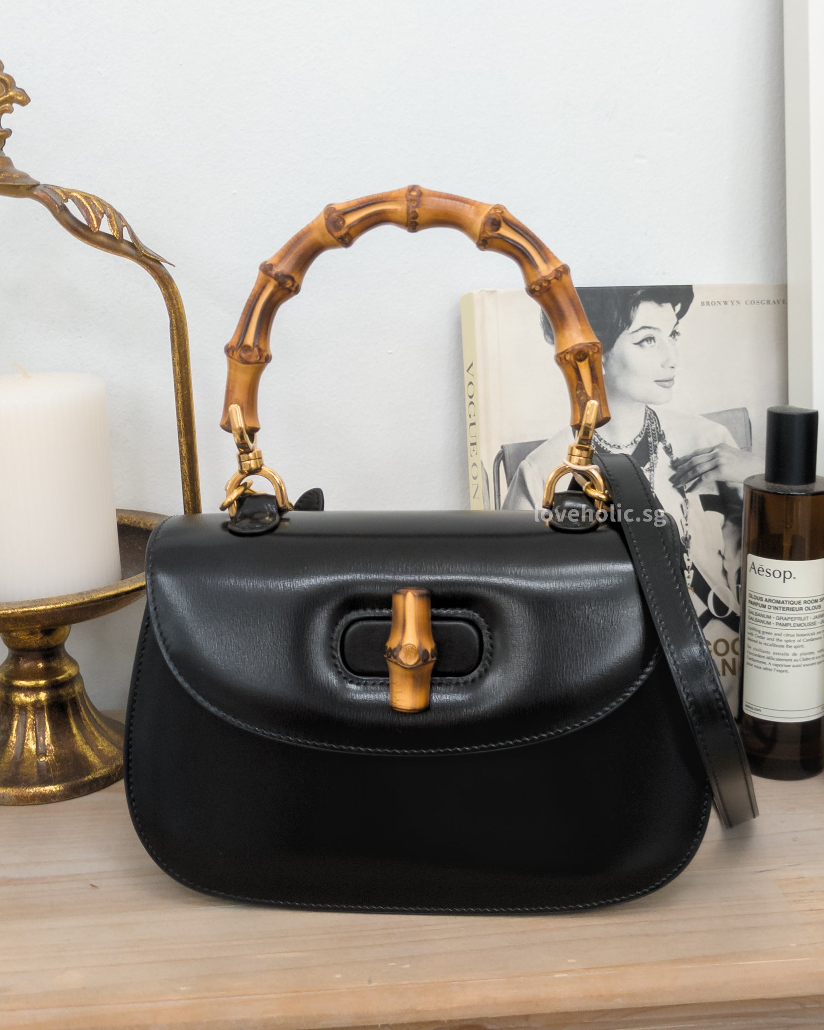 1947 Bamboo Top Handle Bag Small Black Leather Gold Hardware