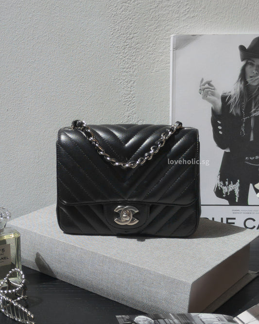 Chanel Classic Flap Chevron Mini Square | 16S Black Caviar Silver Hardware-front