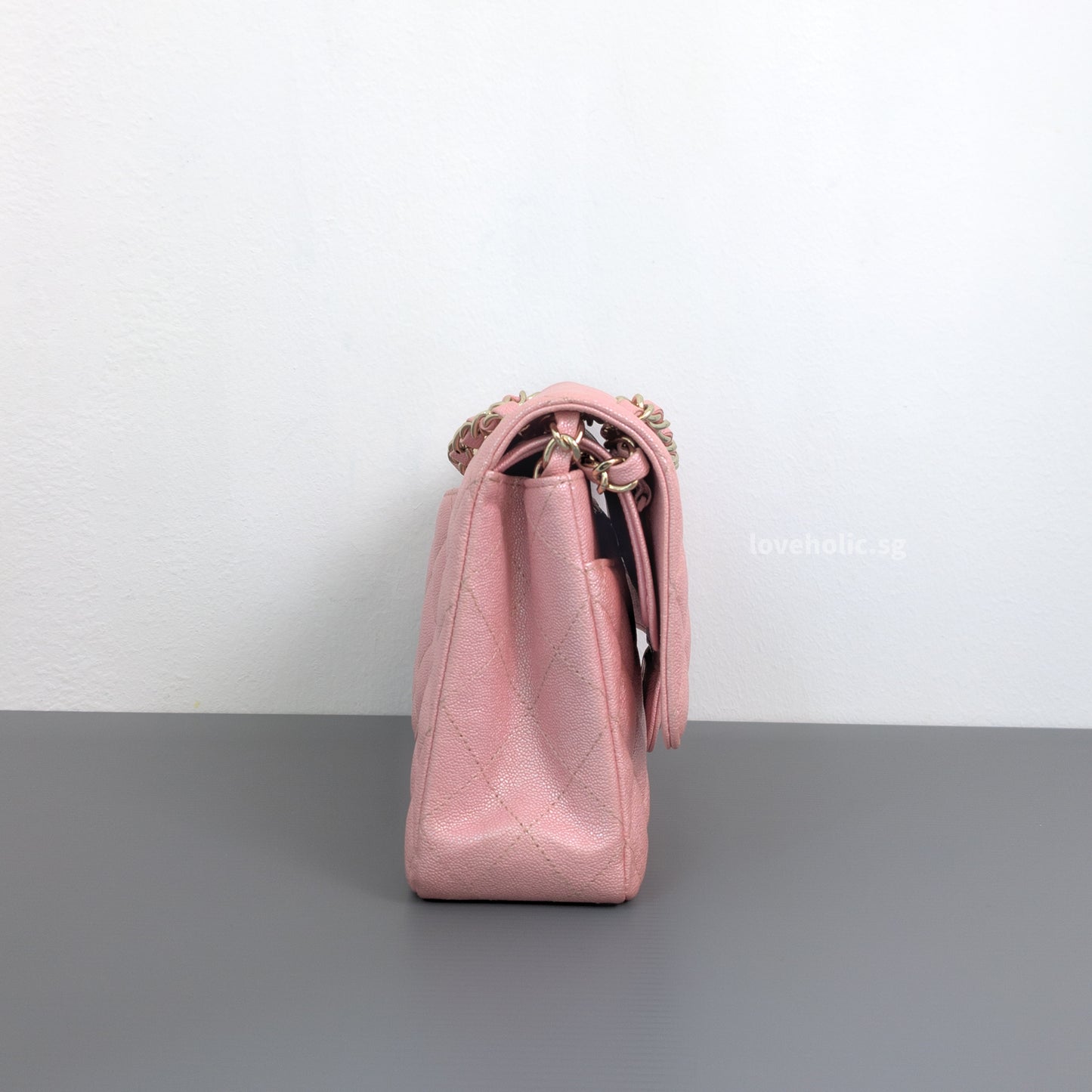 Chanel Classic Flap Medium | 19S Iridescent Sakura Pink Caviar Gold Hardware-side