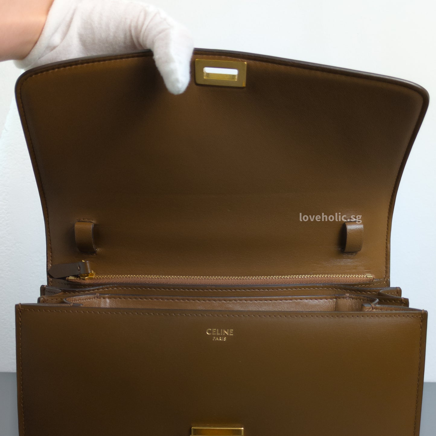 Celine Box Medium | Camel Calfskin Gold Hardware-details