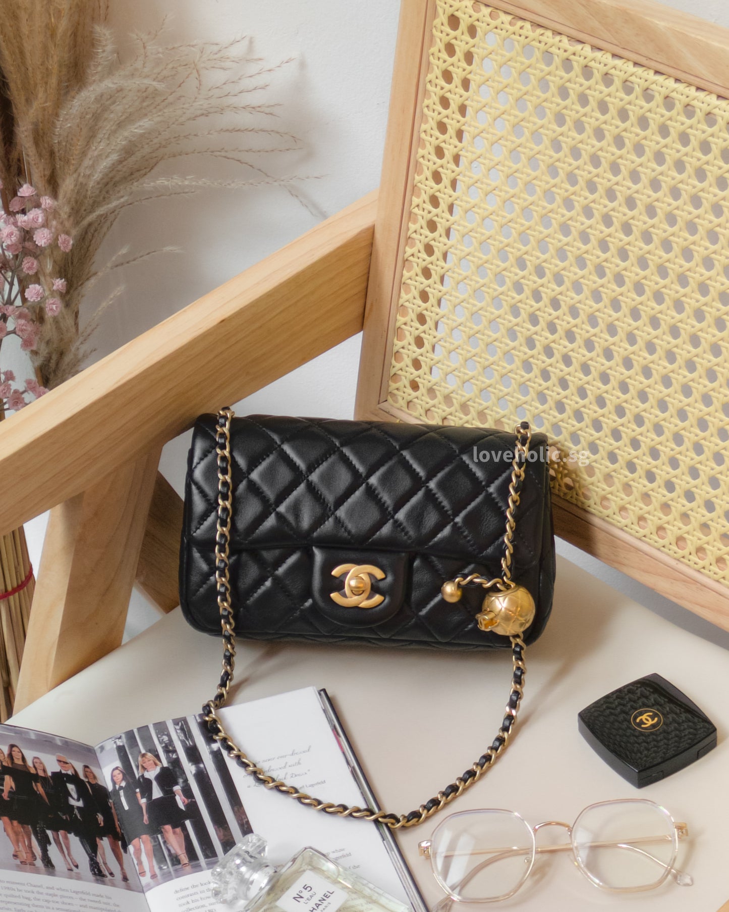 Pearl Crush Mini Rectangle Black Lambskin Brushed Gold Hardware