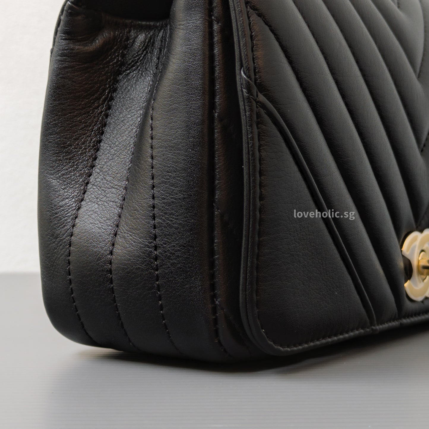 Chanel Statement Flap Bag Chevron Mini | Black Lambskin Light Gold Hardware-details