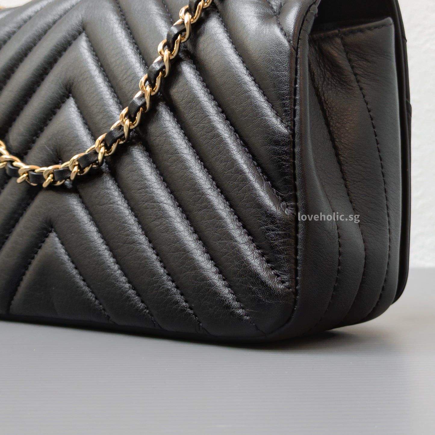 Chanel Statement Flap Bag Chevron Mini | Black Lambskin Light Gold Hardware-details