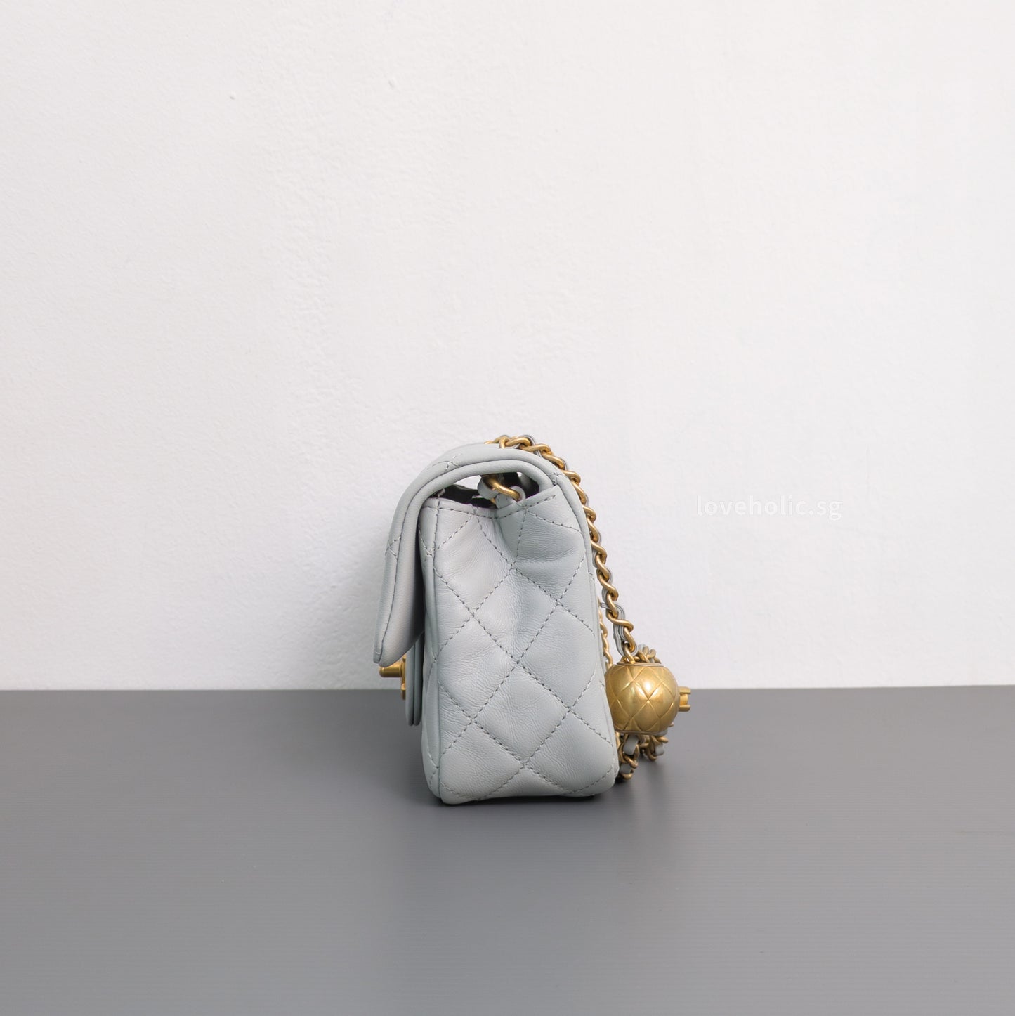 Chanel Pearl Crush Mini Rectangle 23C Light Grey Lambskin Gold Hardware-side