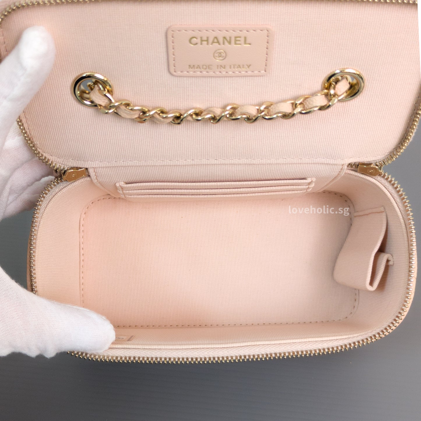 Chanel Vanity Bag with Chain Beige Caviar Light Gold Hardware-details