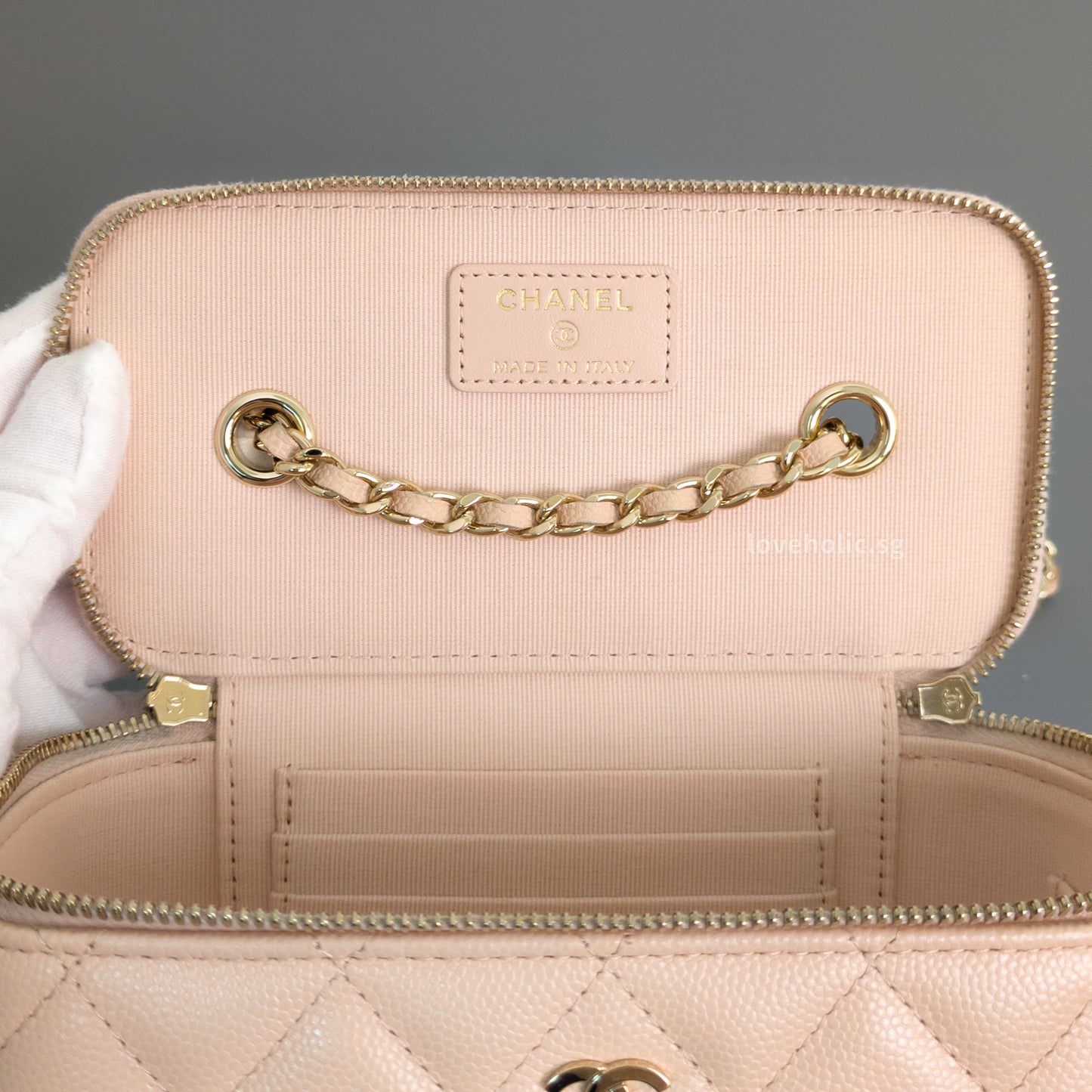 Chanel Vanity Bag with Chain Beige Caviar Light Gold Hardware-details