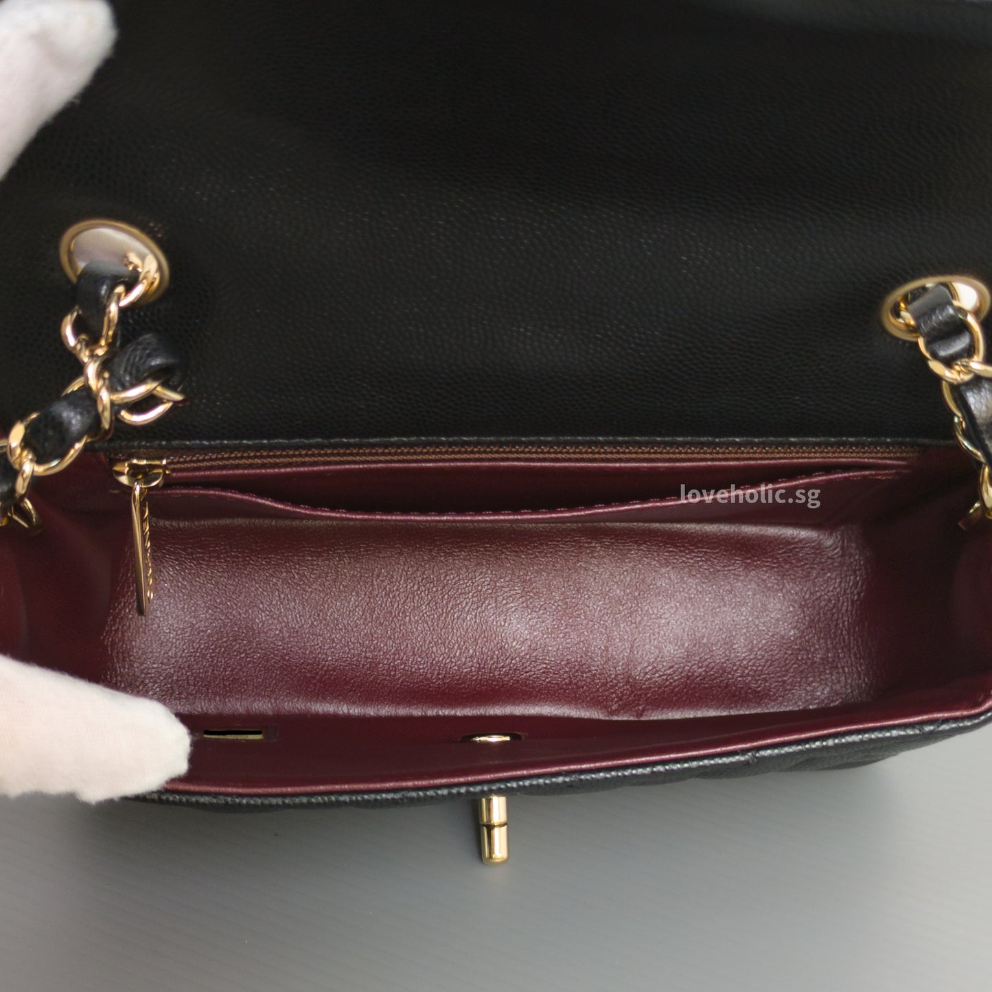 Chanel Mini Rectangle 17B Black Caviar Light Gold Hardware-details