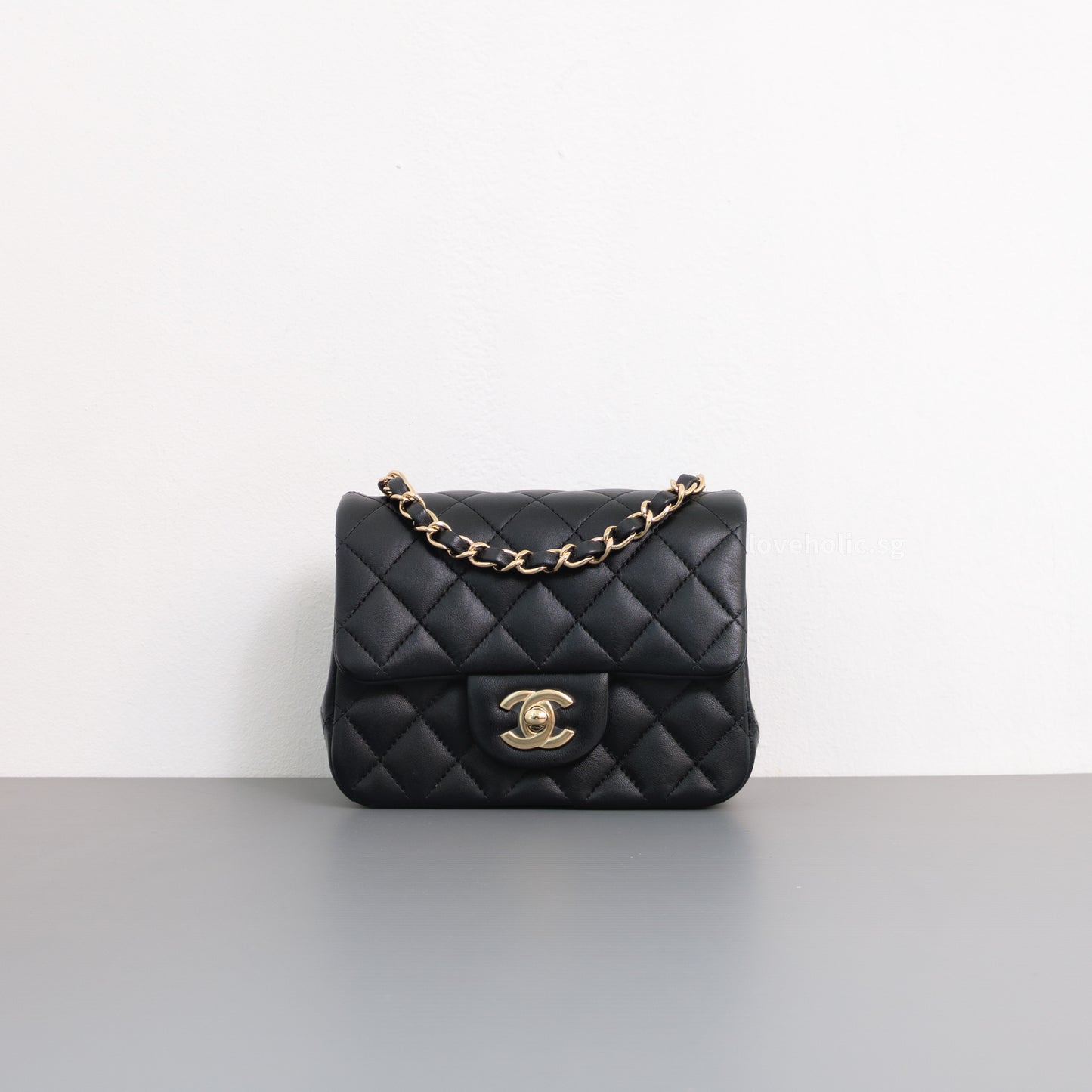 Chanel Classic Flap Mini Square | Black Lambskin Light Gold Hardware-front1