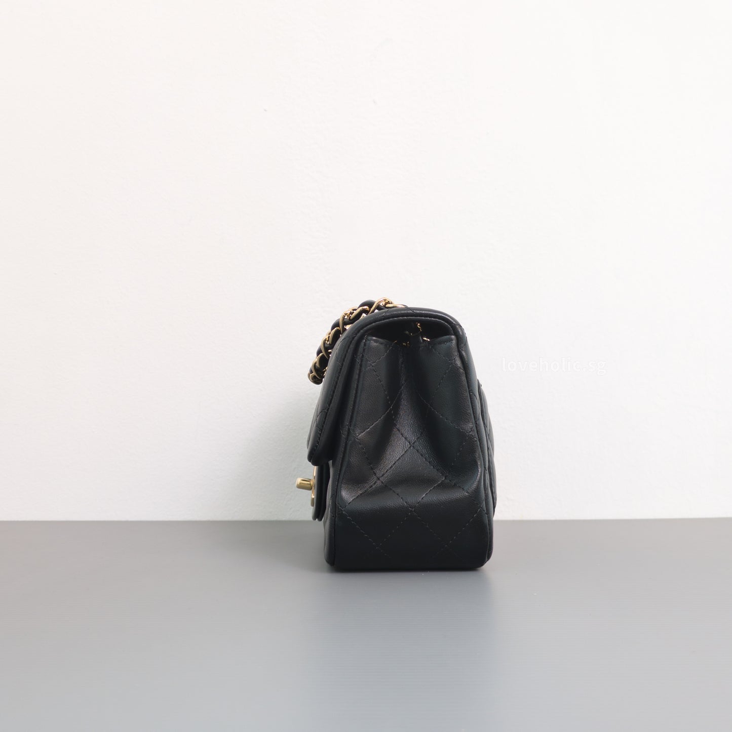 Chanel Classic Flap Mini Square | Black Lambskin Light Gold Hardware-side
