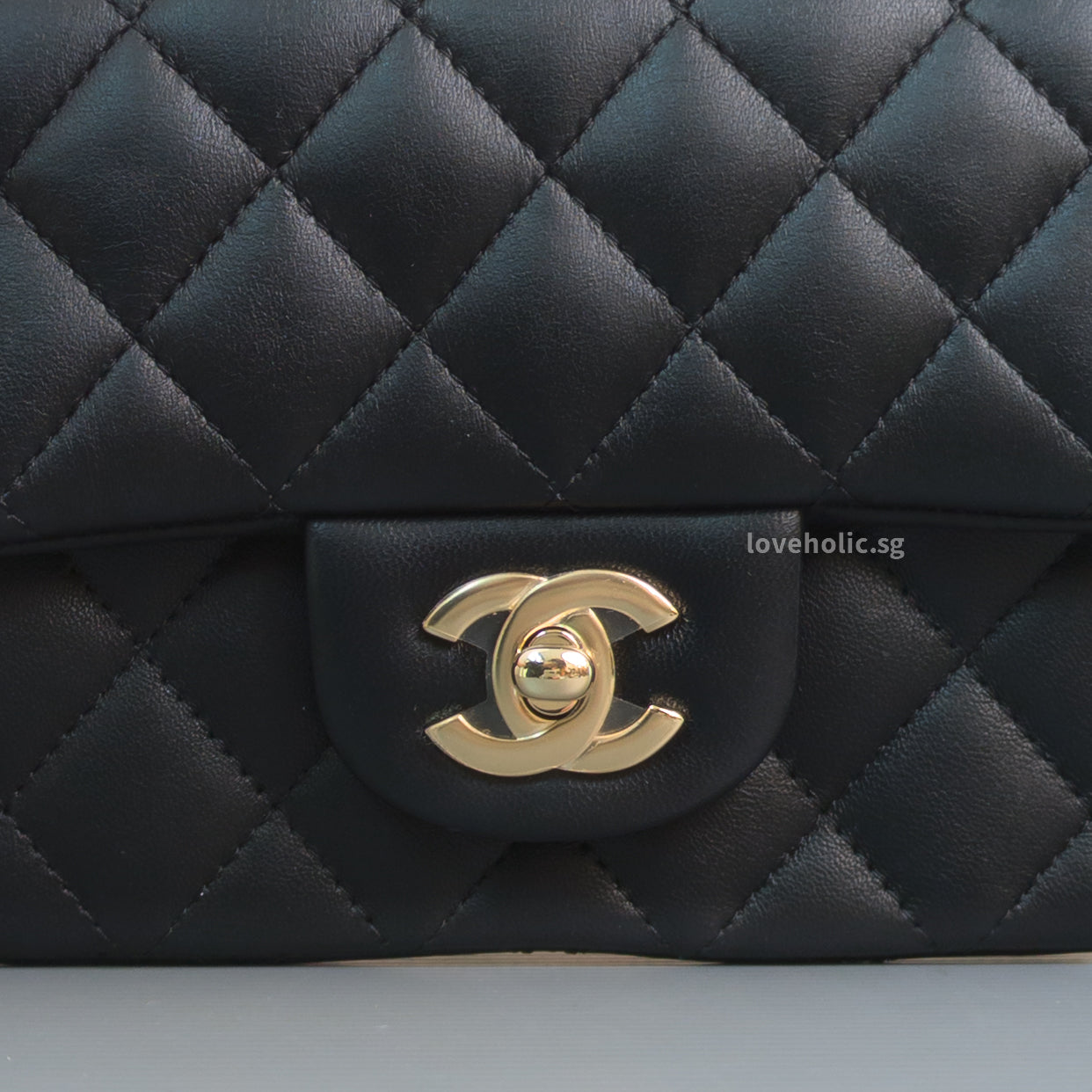 Chanel Classic Flap Mini Square | Black Lambskin Light Gold Hardware-details