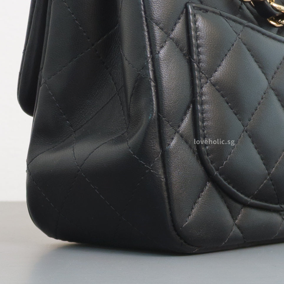Chanel Classic Flap Mini Square | Black Lambskin Light Gold Hardware-details
