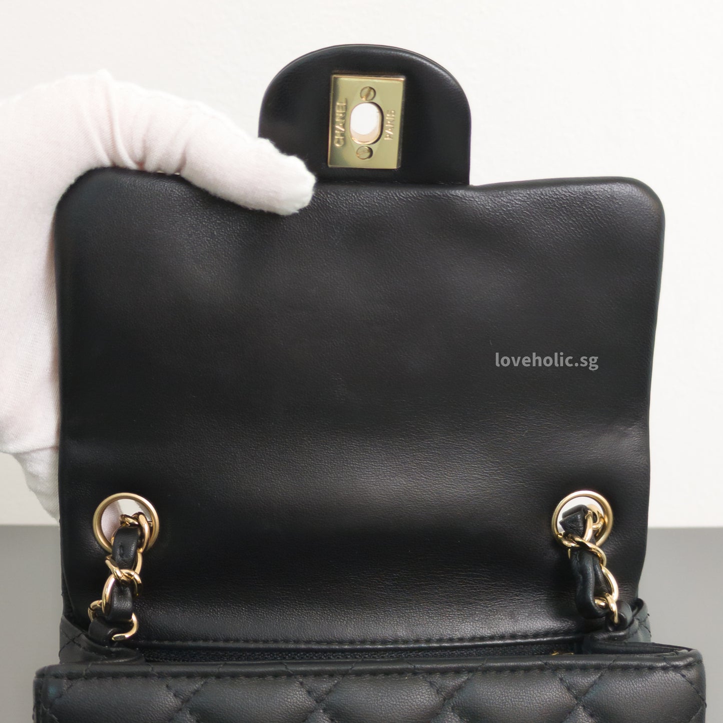 Chanel Classic Flap Mini Square | Black Lambskin Light Gold Hardware-details