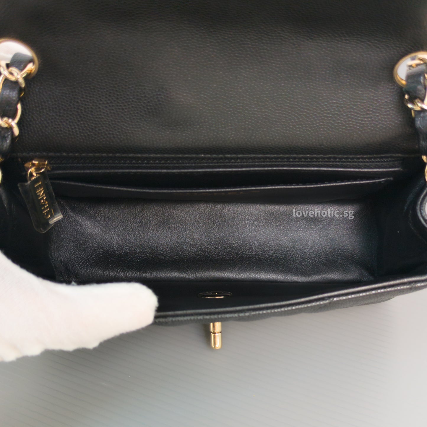 Chanel Mini Rectangle 17C Black Caviar Light Gold Hardware-details