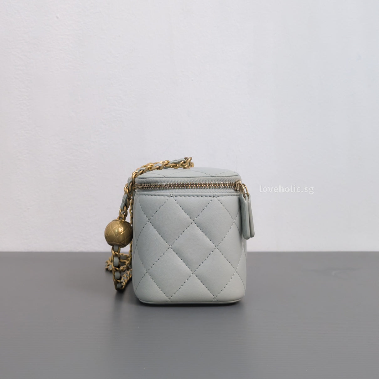 Chanel Pearl Crush Vanity Bag on Chain 23C Light Grey Lambskin Brushed Gold Hardware-side