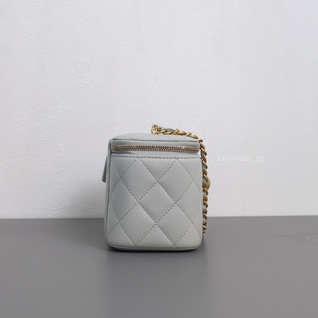 Chanel Pearl Crush Vanity Bag on Chain 23C Light Grey Lambskin Brushed Gold Hardware-details