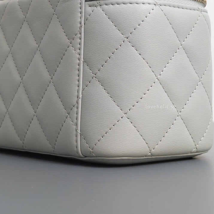 Chanel Pearl Crush Vanity Bag on Chain 23C Light Grey Lambskin Brushed Gold Hardware-details