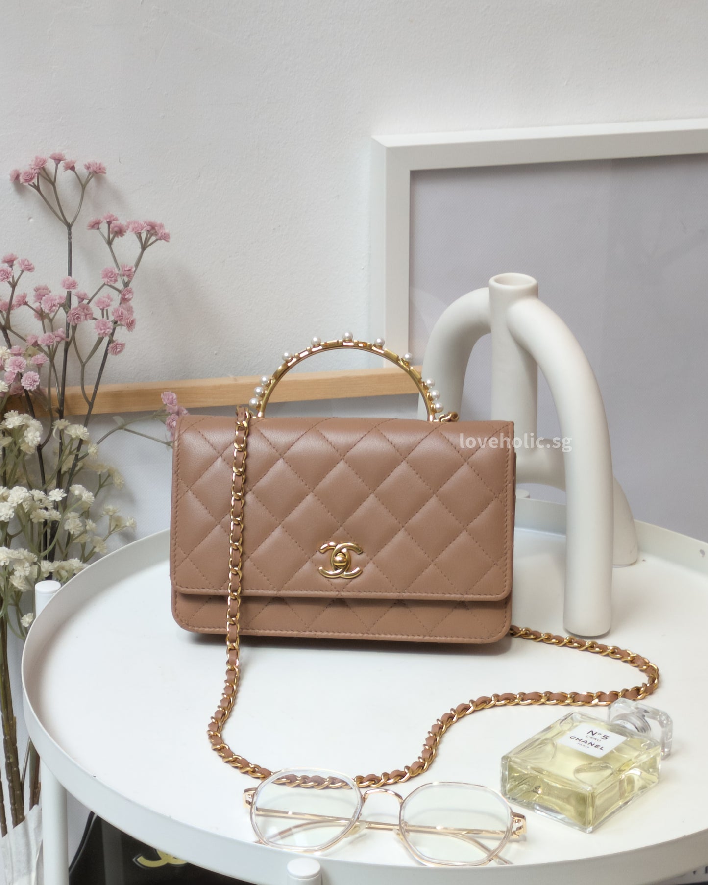 Chanel Top Handle Wallet On Chain 23B Dark Beige Lambskin Gold Hardware-front