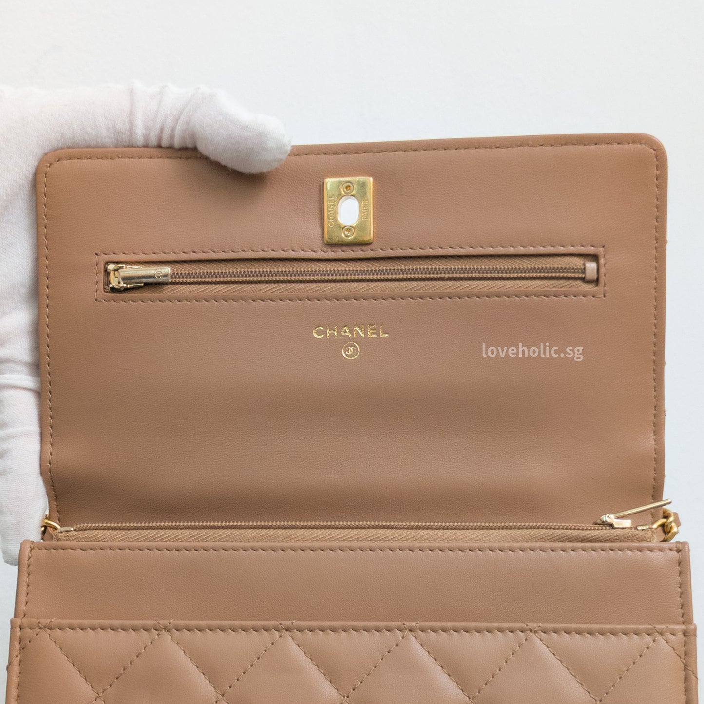 Chanel Top Handle Wallet On Chain 23B Dark Beige Lambskin Gold Hardware-details