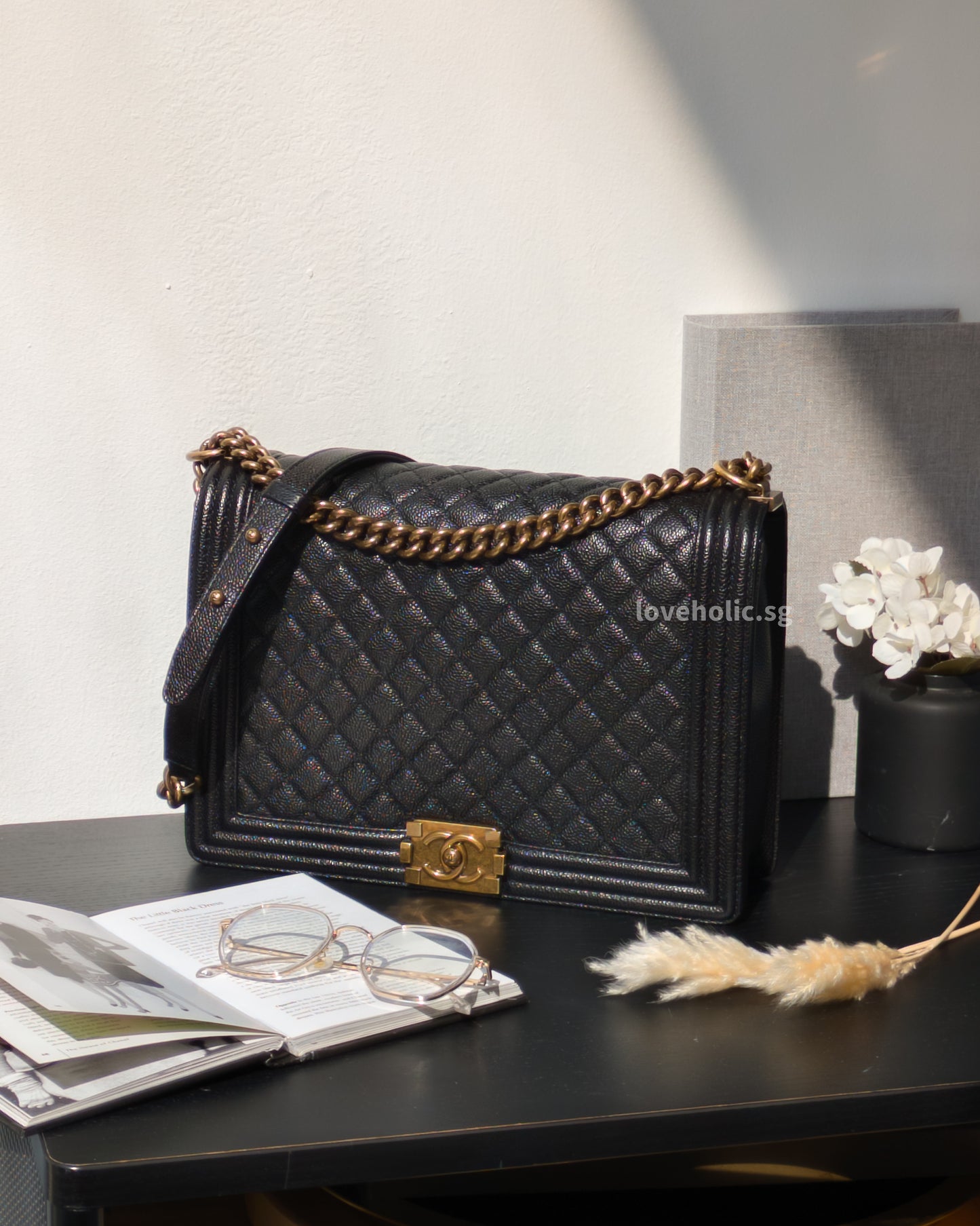 Chanel Boy Large | Black Caviar Brushed Gold Hardware-front
