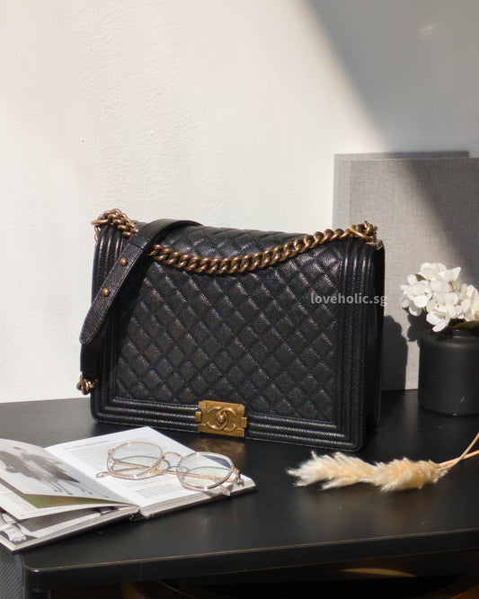 Chanel Boy Large | Black Caviar Brushed Gold Hardware-front