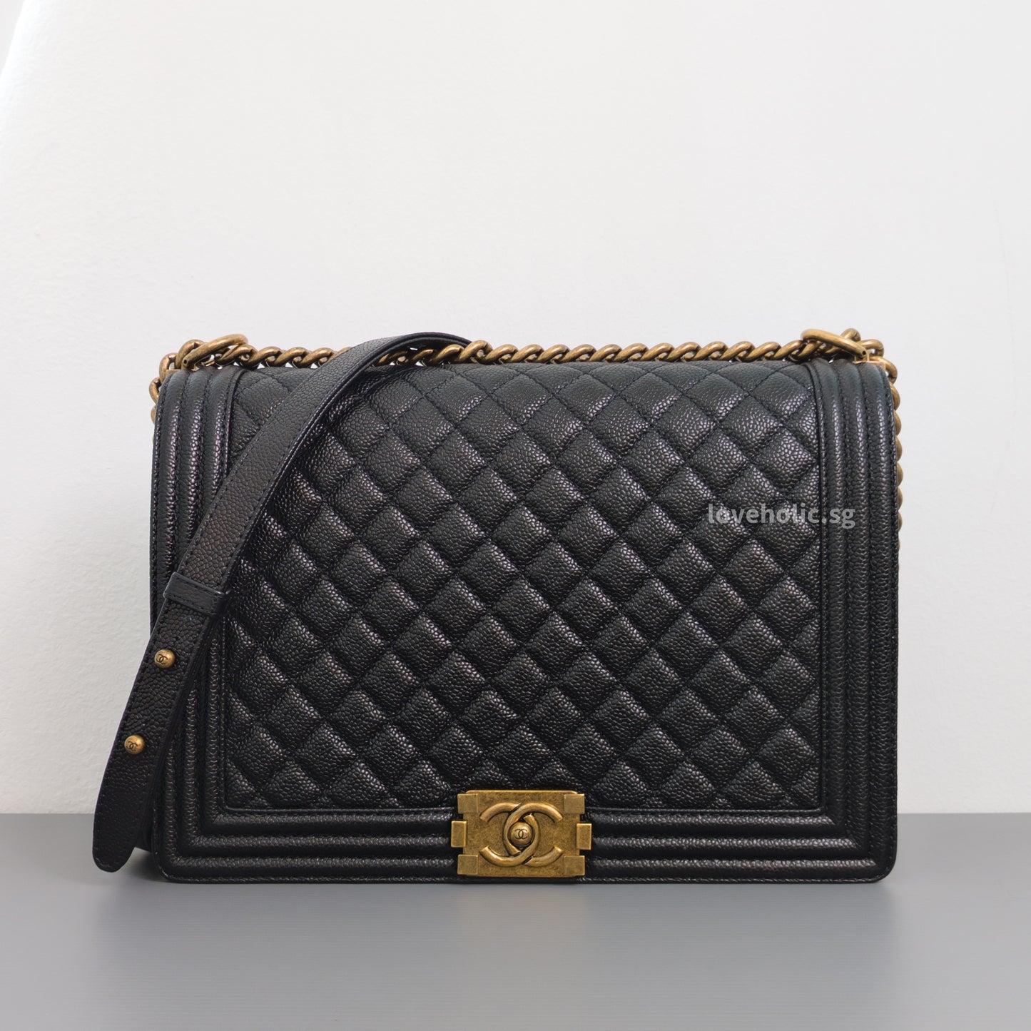 Chanel Boy Large | Black Caviar Brushed Gold Hardware-front1