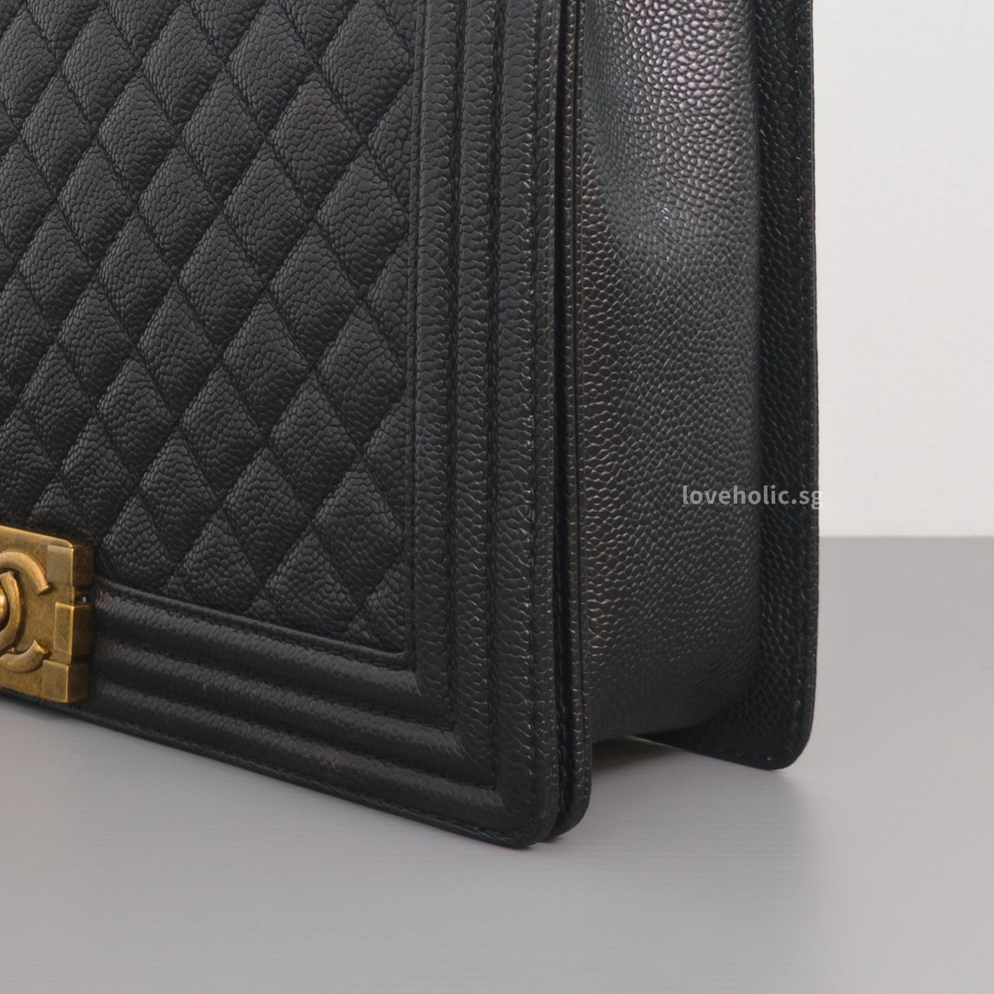 Chanel Boy Large | Black Caviar Brushed Gold Hardware-details