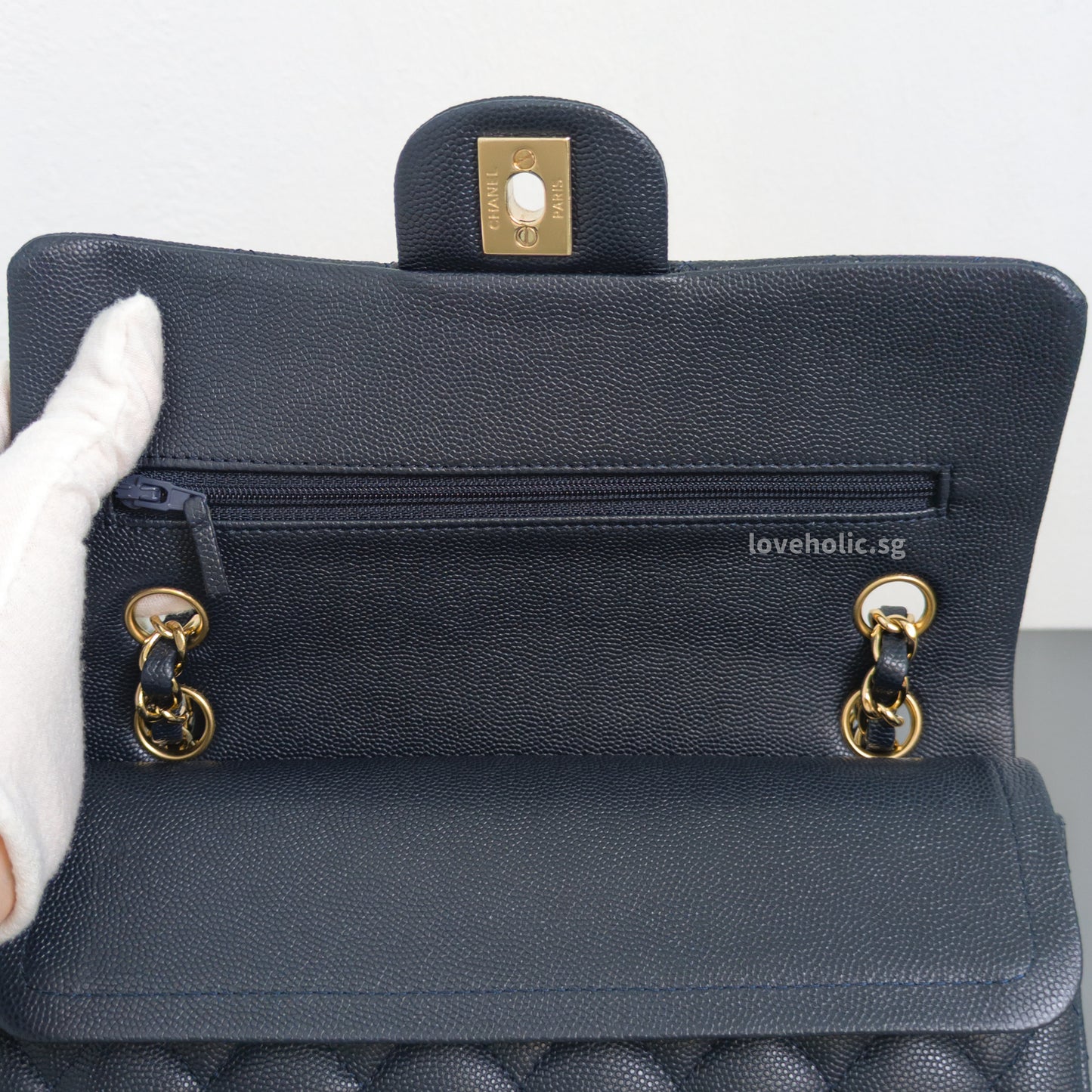 Chanel Classic Flap Small | 18B Midnight Blue Caviar Gold Hardware-details