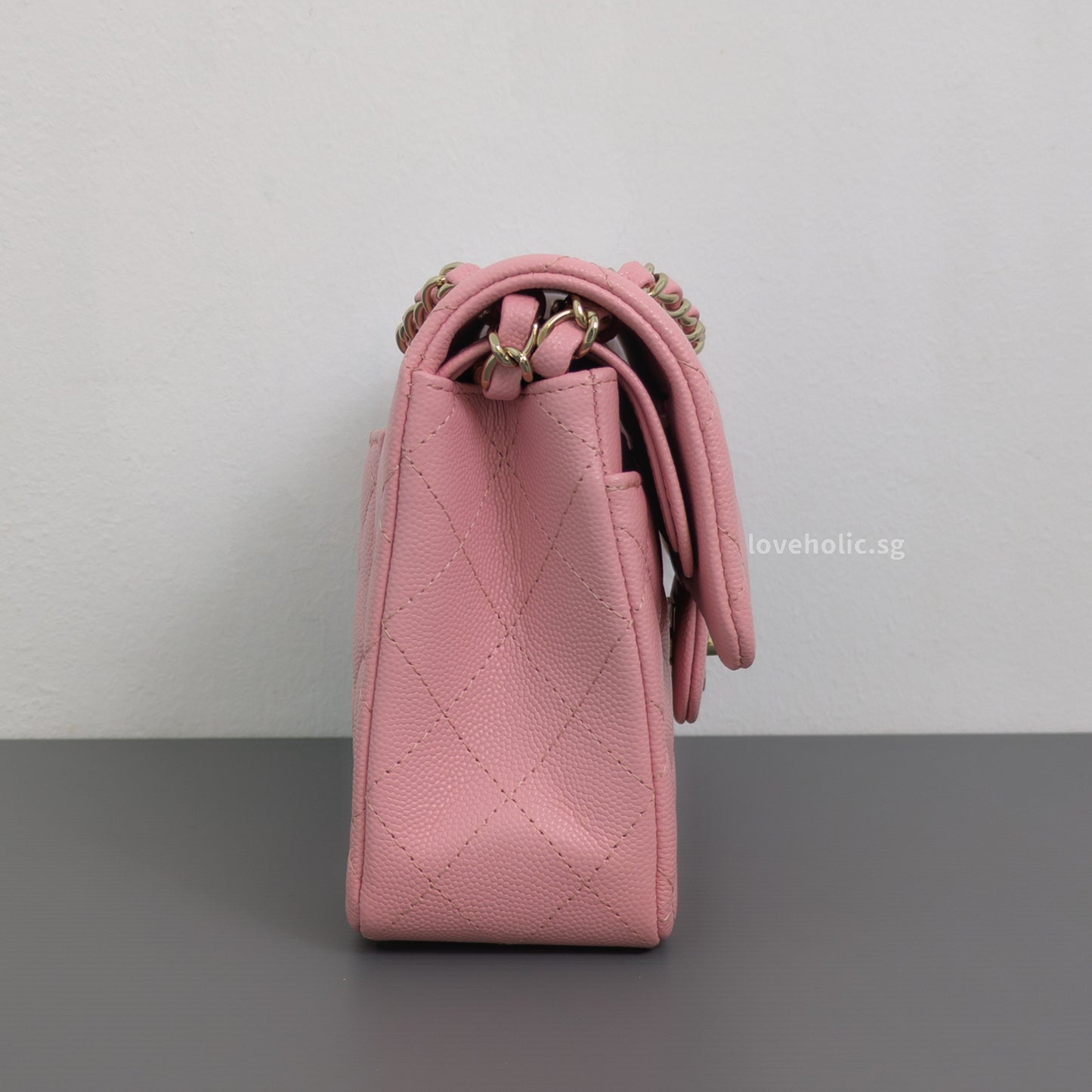 Chanel Classic Flap Small | 22C Sakura Pink Caviar Light Gold Hardware-details