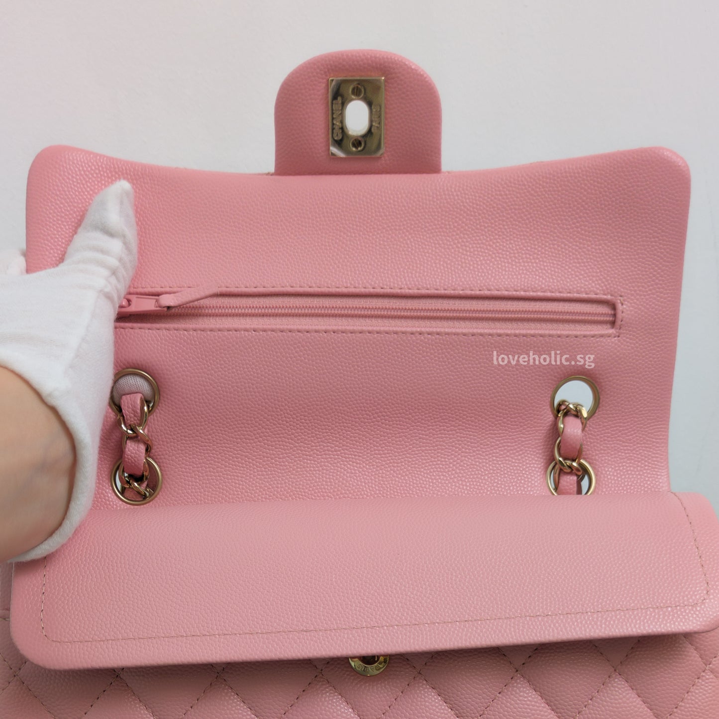 Chanel Classic Flap Small | 22C Sakura Pink Caviar Light Gold Hardware-details