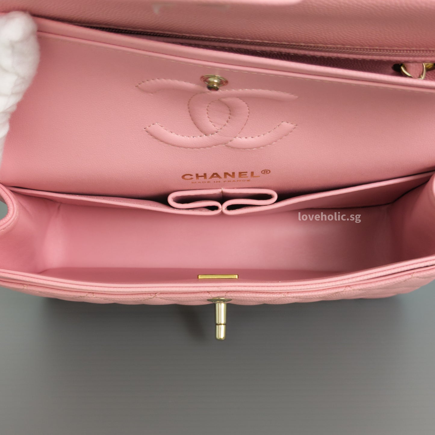 Chanel Classic Flap Small | 22C Sakura Pink Caviar Light Gold Hardware-details