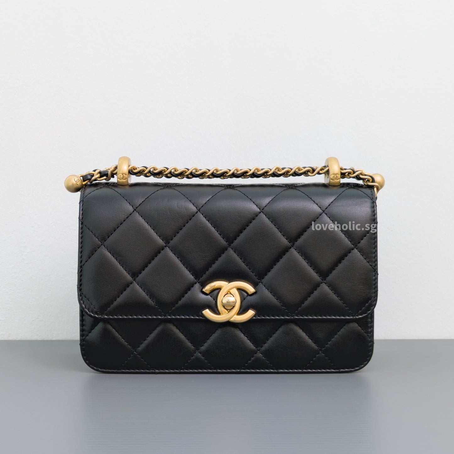 Chanel 24C Double Pearl Flap Bag Black Calfskin Brushed Gold Hardware-front1