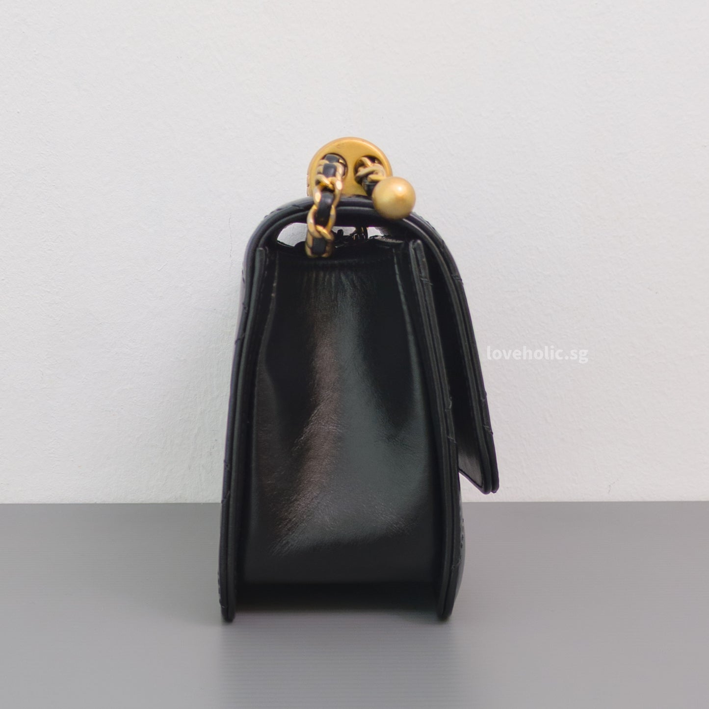Chanel 24C Double Pearl Flap Bag Black Calfskin Brushed Gold Hardware-side