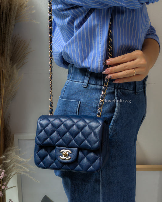 Chanel Classic Flap Mini Square | 17B Navy Blue  Caviar Light Gold Hardware-model
