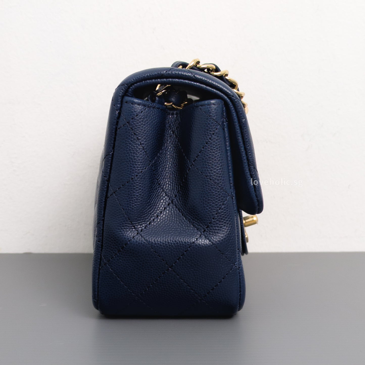 Chanel Classic Flap Mini Square | 17B Navy Blue  Caviar Light Gold Hardware-side