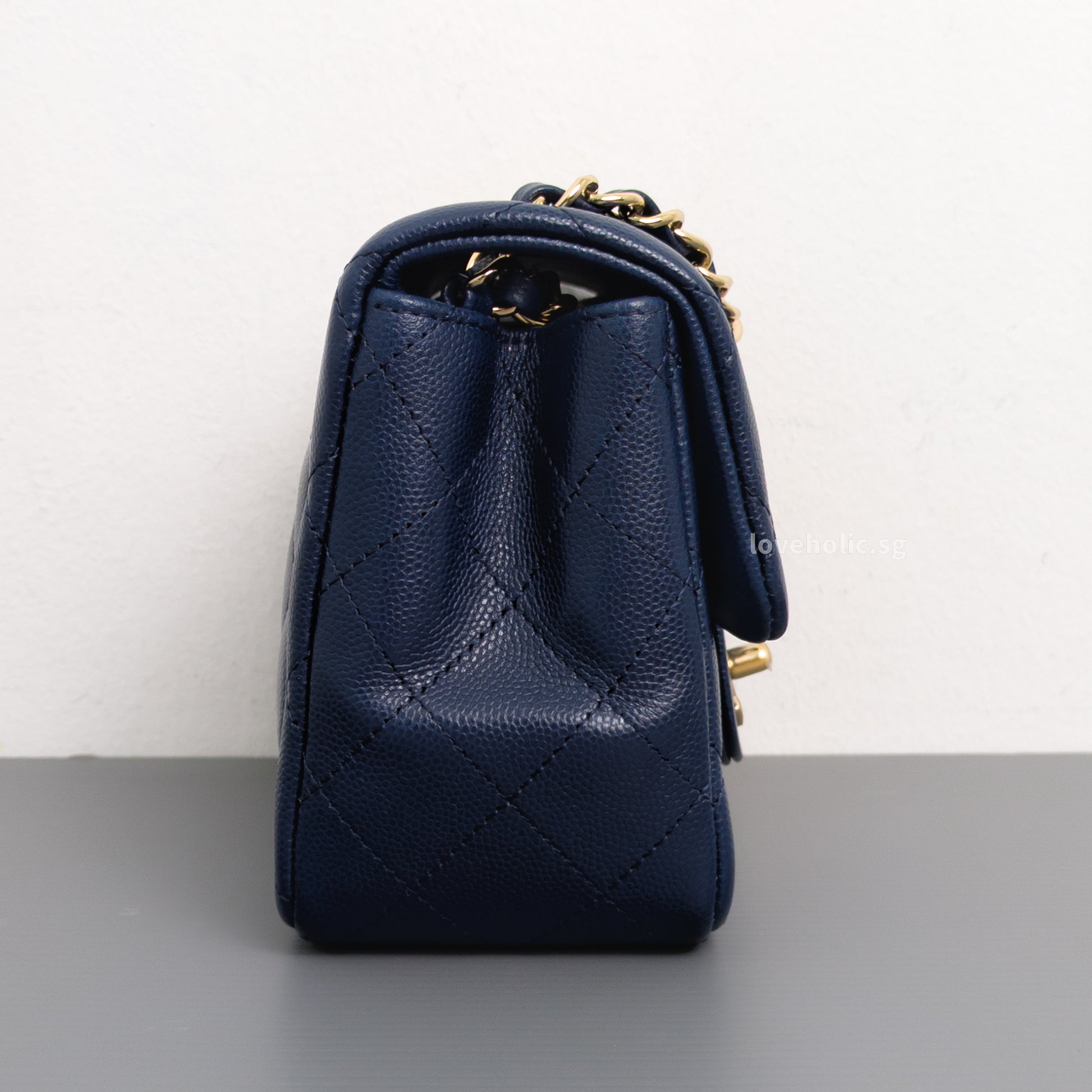 Chanel Classic Flap Mini Square | 17B Navy Blue  Caviar Light Gold Hardware-side