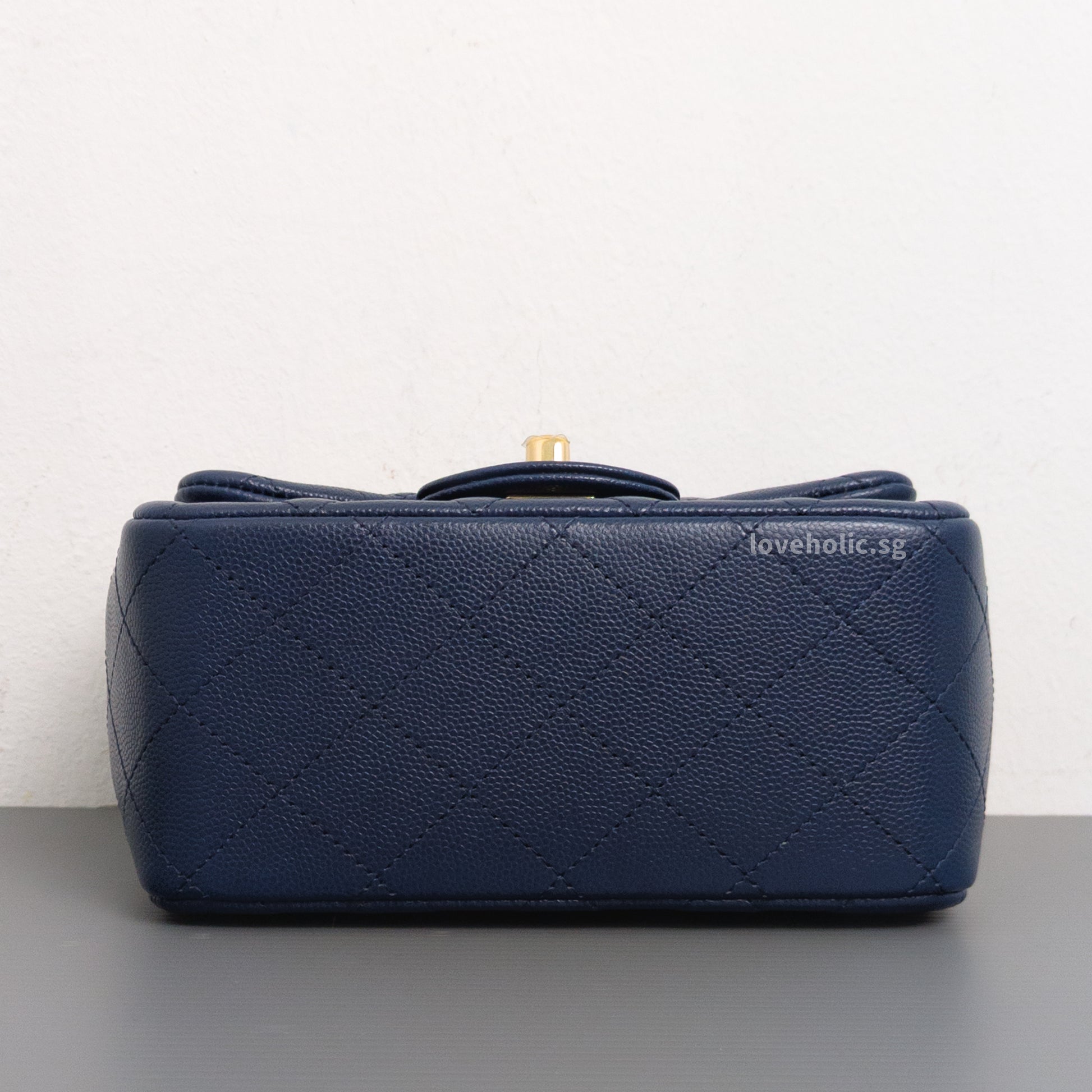 Chanel Classic Flap Mini Square | 17B Navy Blue  Caviar Light Gold Hardware-details
