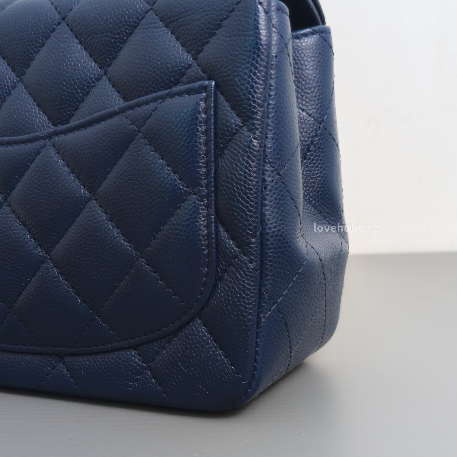 Chanel Classic Flap Mini Square | 17B Navy Blue  Caviar Light Gold Hardware-details